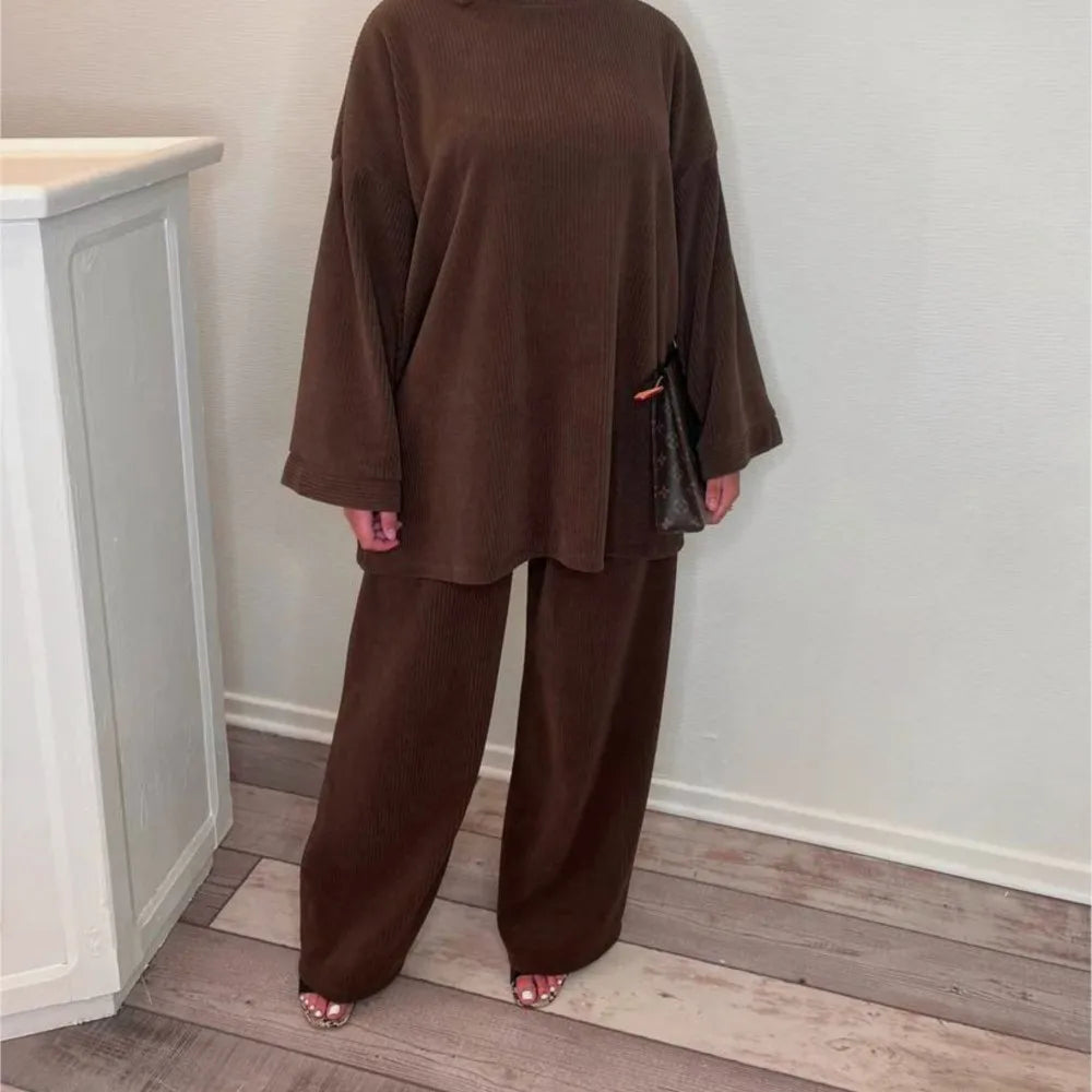 GETADME Spring Autumn Solid Color Corduroy Pants Sets Women Loose Long Sleeve Wide Legs Trousers Two Piece Set Female Commuting Clothing