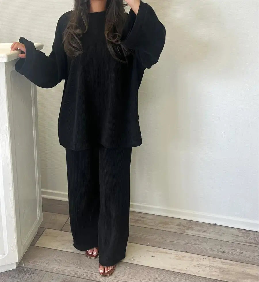 GETADME Spring Autumn Solid Color Corduroy Pants Sets Women Loose Long Sleeve Wide Legs Trousers Two Piece Set Female Commuting Clothing