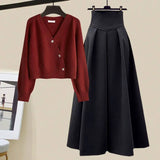 Getadme Spring Autumn Suit Women's New French Sweater Midi Skirts Outfits Knit Cardigan Knitwear High Waist Slim Skirts Two Piece Set