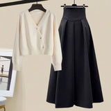 Getadme Spring Autumn Suit Women's New French Sweater Midi Skirts Outfits Knit Cardigan Knitwear High Waist Slim Skirts Two Piece Set