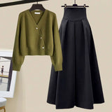 Getadme Spring Autumn Suit Women's New French Sweater Midi Skirts Outfits Knit Cardigan Knitwear High Waist Slim Skirts Two Piece Set