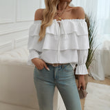 GETADME Spring Autumn Women's Long Sleeve Tops Female Solid Color Drawn Pleated One Shoulder Lantern Sleeve Top Women's Clothing
