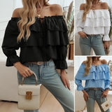 GETADME Spring Autumn Women's Long Sleeve Tops Female Solid Color Drawn Pleated One Shoulder Lantern Sleeve Top Women's Clothing