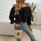 GETADME Spring Autumn Women's Long Sleeve Tops Female Solid Color Drawn Pleated One Shoulder Lantern Sleeve Top Women's Clothing