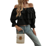 GETADME Spring Autumn Women's Long Sleeve Tops Female Solid Color Drawn Pleated One Shoulder Lantern Sleeve Top Women's Clothing