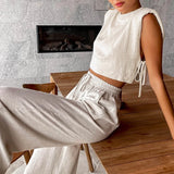 GETADME Spring Summer 2025 Women Holiday Linen Pant Set Crop Tops Solid Outfits 2 Two Piece Matching Set For Women