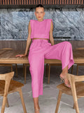 GETADME Spring Summer 2025 Women Holiday Linen Pant Set Crop Tops Solid Outfits 2 Two Piece Matching Set For Women