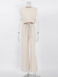 GETADME Spring Summer 2025 Women Holiday Linen Pant Set Crop Tops Solid Outfits 2 Two Piece Matching Set For Women
