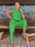 GETADME Spring Summer 2025 Women Holiday Linen Pant Set Crop Tops Solid Outfits 2 Two Piece Matching Set For Women