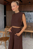 GETADME Spring Summer 2025 Women Holiday Linen Pant Set Crop Tops Solid Outfits 2 Two Piece Matching Set For Women