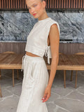 GETADME Spring Summer 2025 Women Holiday Linen Pant Set Crop Tops Solid Outfits 2 Two Piece Matching Set For Women