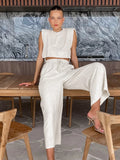 GETADME Spring Summer 2025 Women Holiday Linen Pant Set Crop Tops Solid Outfits 2 Two Piece Matching Set For Women