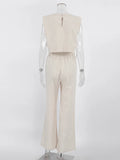 GETADME Spring Summer 2025 Women Holiday Linen Pant Set Crop Tops Solid Outfits 2 Two Piece Matching Set For Women
