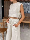 GETADME Spring Summer 2025 Women Holiday Linen Pant Set Crop Tops Solid Outfits 2 Two Piece Matching Set For Women