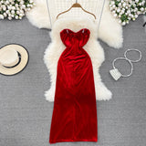 GETADME Spring Summer Sexy Maxi Dresses for Women Bodycon Velvet Strap Backless Female Robe Elegant Vintage Split Party Holiday New In