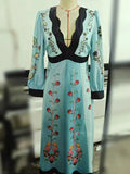 GETADME Spring Women's Long Sleeve Casual Style Polyester Material 2025 New Fashion V-neck Printed Hollow Back Dress