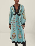 GETADME Spring Women's Long Sleeve Casual Style Polyester Material 2025 New Fashion V-neck Printed Hollow Back Dress