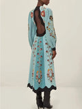 GETADME Spring Women's Long Sleeve Casual Style Polyester Material 2025 New Fashion V-neck Printed Hollow Back Dress