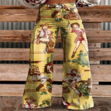 GETADME 봄/여름 여성용 롱 팬츠 3D 디지털 프린팅 데님 얇은 원단 패션 요소 컬러 블록 와이드 레그 팬츠