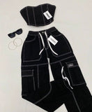 Getadme 스트래피 레트로 워시드 우븐 슬림핏 튜브탑 서스펜더 탑 캐주얼 데님 로우웨이스트 스트레이트 팬츠 캐주얼 휴가용 슈트