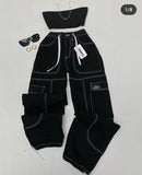 Getadme 스트래피 레트로 워시드 우븐 슬림핏 튜브탑 서스펜더 탑 캐주얼 데님 로우웨이스트 스트레이트 팬츠 캐주얼 휴가용 슈트