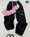 Getadme 스트래피 레트로 워시드 우븐 슬림핏 튜브탑 서스펜더 탑 캐주얼 데님 로우웨이스트 스트레이트 팬츠 캐주얼 휴가용 슈트