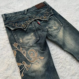GETADME Street Harajuku Heavy Industries Retro Pattern Embroidery Blue Washed Jeans Women's Personalized Casual Splicing Flare Pants