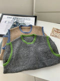 GETADME Striped Trim Contrast Color Round Neck Wool Sweater Vest Gray Khaki Women's Autum  Winter Tank Top Loose Vest