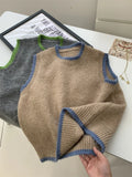 GETADME Striped Trim Contrast Color Round Neck Wool Sweater Vest Gray Khaki Women's Autum  Winter Tank Top Loose Vest