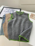 GETADME Striped Trim Contrast Color Round Neck Wool Sweater Vest Gray Khaki Women's Autum  Winter Tank Top Loose Vest