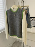 GETADME Striped Trim Contrast Color Round Neck Wool Sweater Vest Gray Khaki Women's Autum  Winter Tank Top Loose Vest