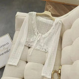 GETADME Summer Apricot Lace Belt Women Cardigan Korean Fashion V-neck Long Sleeve Cropped Tops Sweet Slim Thin Sunscreen Jacket Female