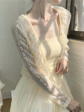 GETADME Summer Apricot Lace Belt Women Cardigan Korean Fashion V-neck Long Sleeve Cropped Tops Sweet Slim Thin Sunscreen Jacket Female