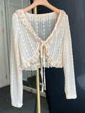 GETADME Summer Apricot Lace Belt Women Cardigan Korean Fashion V-neck Long Sleeve Cropped Tops Sweet Slim Thin Sunscreen Jacket Female
