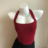 GETADME Summer Knitted Suspender Backless Crop Tops Women's Neck Strap Sleeveless Sexy Red Vest Vintage Tank New