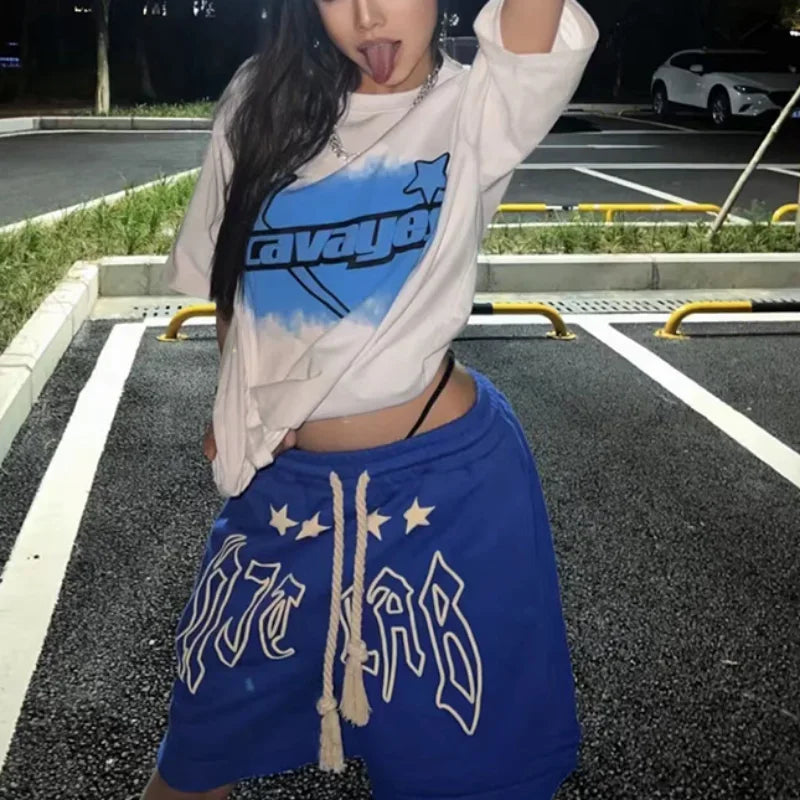 GETADME Summer Lace-up Y2K Loose Couples Shorts Klein Blue American Vintage Street Elastic Waist Knee Short Sweatpant Women Letter