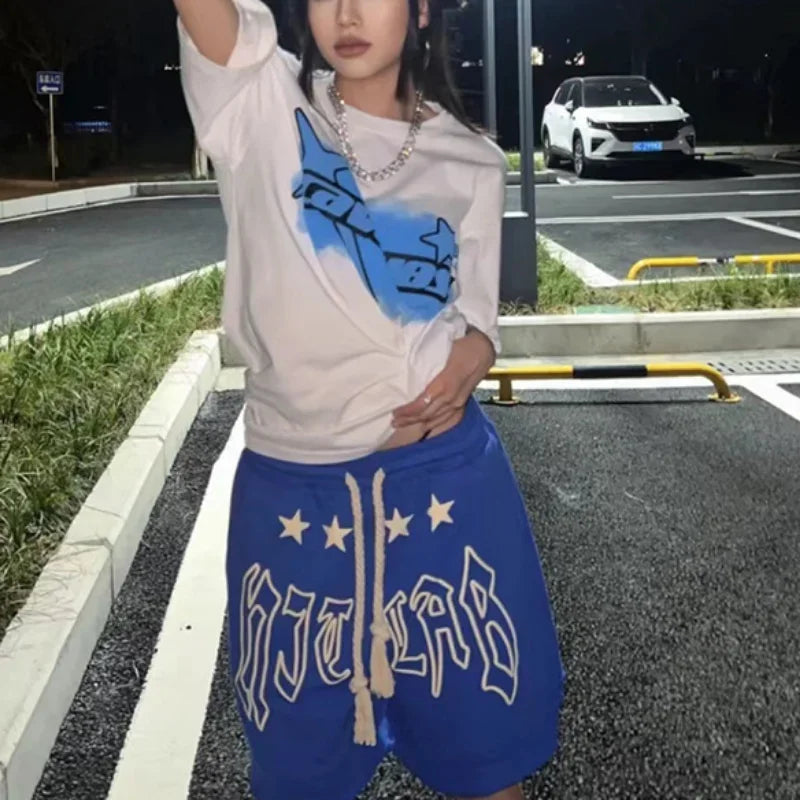 GETADME Summer Lace-up Y2K Loose Couples Shorts Klein Blue American Vintage Street Elastic Waist Knee Short Sweatpant Women Letter