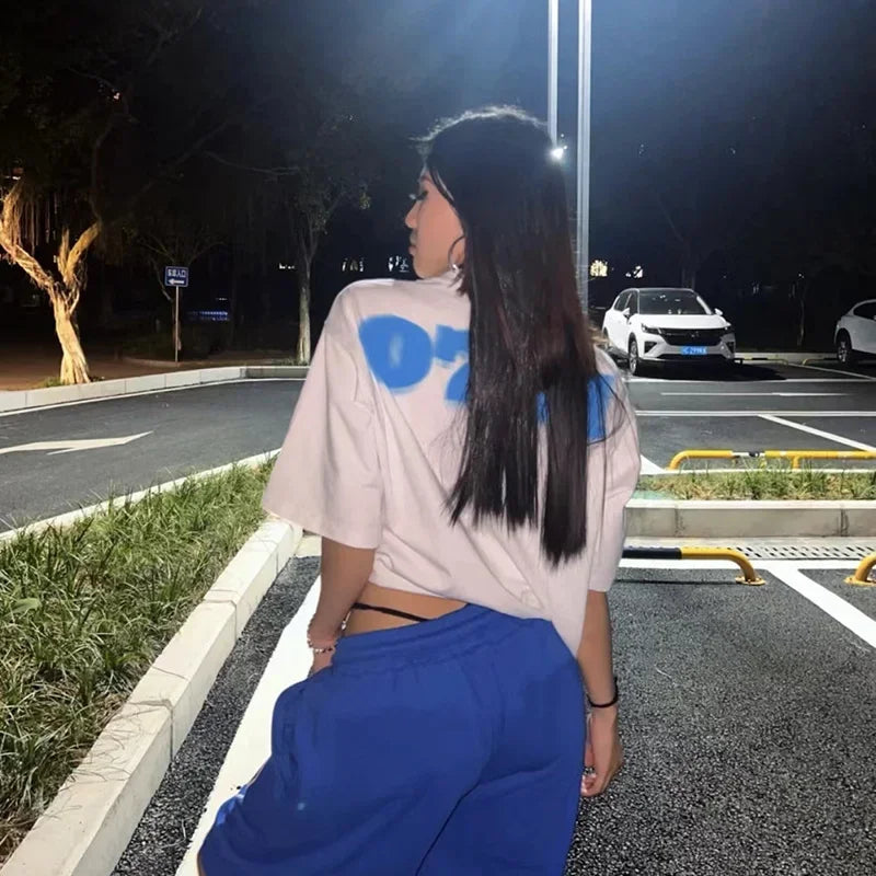 GETADME Summer Lace-up Y2K Loose Couples Shorts Klein Blue American Vintage Street Elastic Waist Knee Short Sweatpant Women Letter
