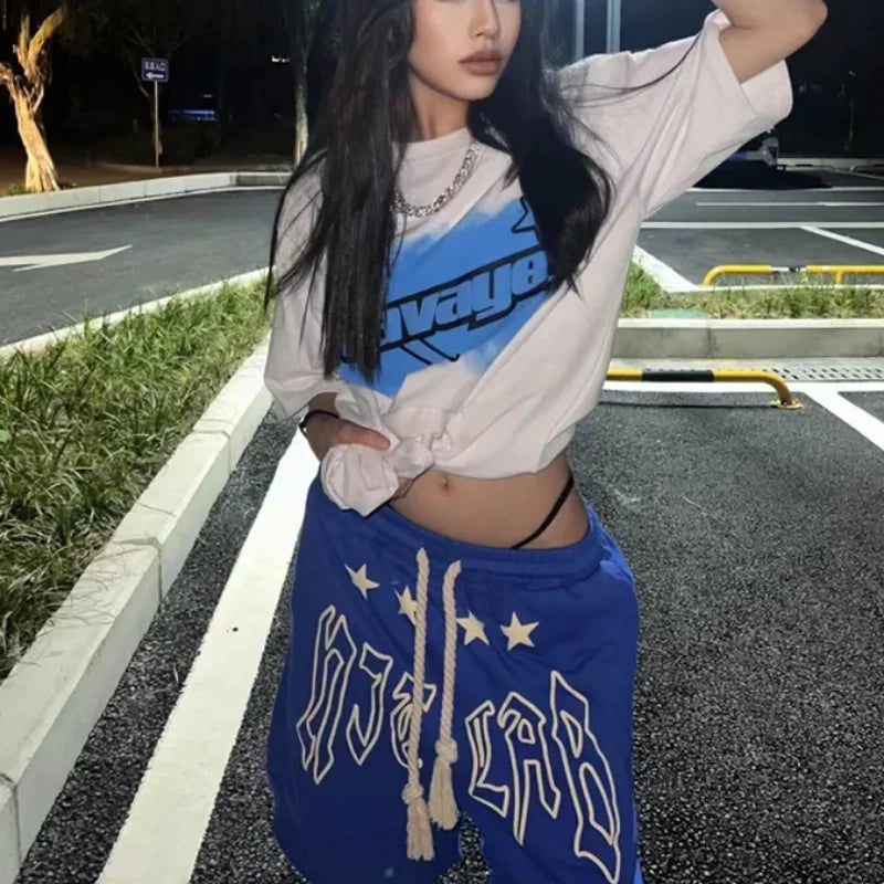 GETADME Summer Lace-up Y2K Loose Couples Shorts Klein Blue American Vintage Street Elastic Waist Knee Short Sweatpant Women Letter