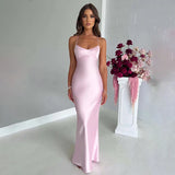 GETADME Summer Long Dress Women Evening Dresses Fashion Sexy Club Party Dresses Suspender Satin Dress Backless Strappy Waist Long Skirt