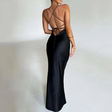 GETADME Summer Long Dress Women Evening Dresses Fashion Sexy Club Party Dresses Suspender Satin Dress Backless Strappy Waist Long Skirt