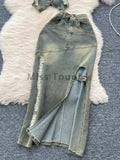 GETADME Summer Vintage Sweet Denim Two Piece Set Women Sexy Crop Tops + Irregular Split Skirt New Design Fashion Retro Slim Skirt Suit