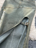 GETADME Summer Vintage Sweet Denim Two Piece Set Women Sexy Crop Tops + Irregular Split Skirt New Design Fashion Retro Slim Skirt Suit