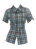 GETADME Summer Women Vintage Korean Fashion Preppy Style Plaid Shirts Short Sleeve Blouses Design Crop Top 2000s Aesthetic Cute Core Y2k