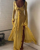 GETADME 여름 슬림핏 시스루 섹시 핫걸 드레스 우아한 솔리드 컬러 V넥 스트래피 롱 슬리브 러플 슬릿 롱 스커트