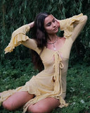 GETADME 여름 슬림핏 시스루 섹시 핫걸 드레스 우아한 솔리드 컬러 V넥 스트래피 롱 슬리브 러플 슬릿 롱 스커트