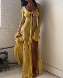 GETADME 여름 슬림핏 시스루 섹시 핫걸 드레스 우아한 솔리드 컬러 V넥 스트래피 롱 슬리브 러플 슬릿 롱 스커트