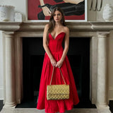 GETADME Suninheart 여름 정장용 스트랩리스 드레스 섹시하고 우아한 핏 앤 플레어 생일 파티 드레스 레드 여성 의류