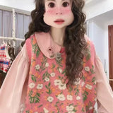 GETADME Sweater Vest Korean Sweet Vintage LOOSE O-Neck Sleeveless Autumn Spring Girls Sweater Vest Mori Girl