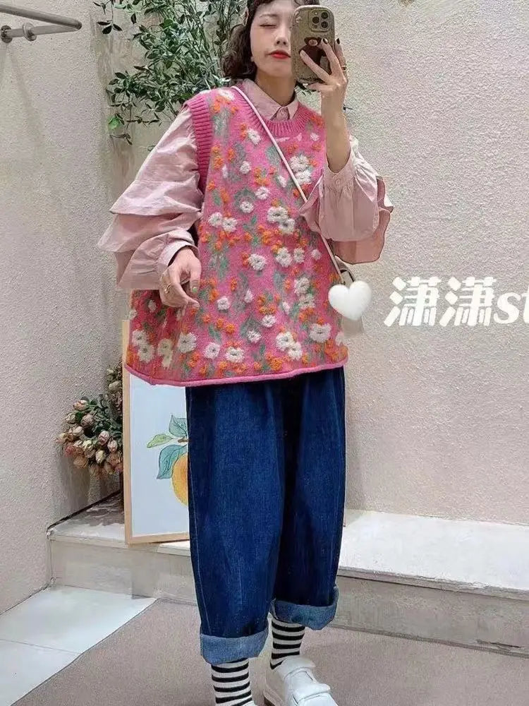 GETADME Sweater Vest Korean Sweet Vintage LOOSE O-Neck Sleeveless Autumn Spring Girls Sweater Vest Mori Girl